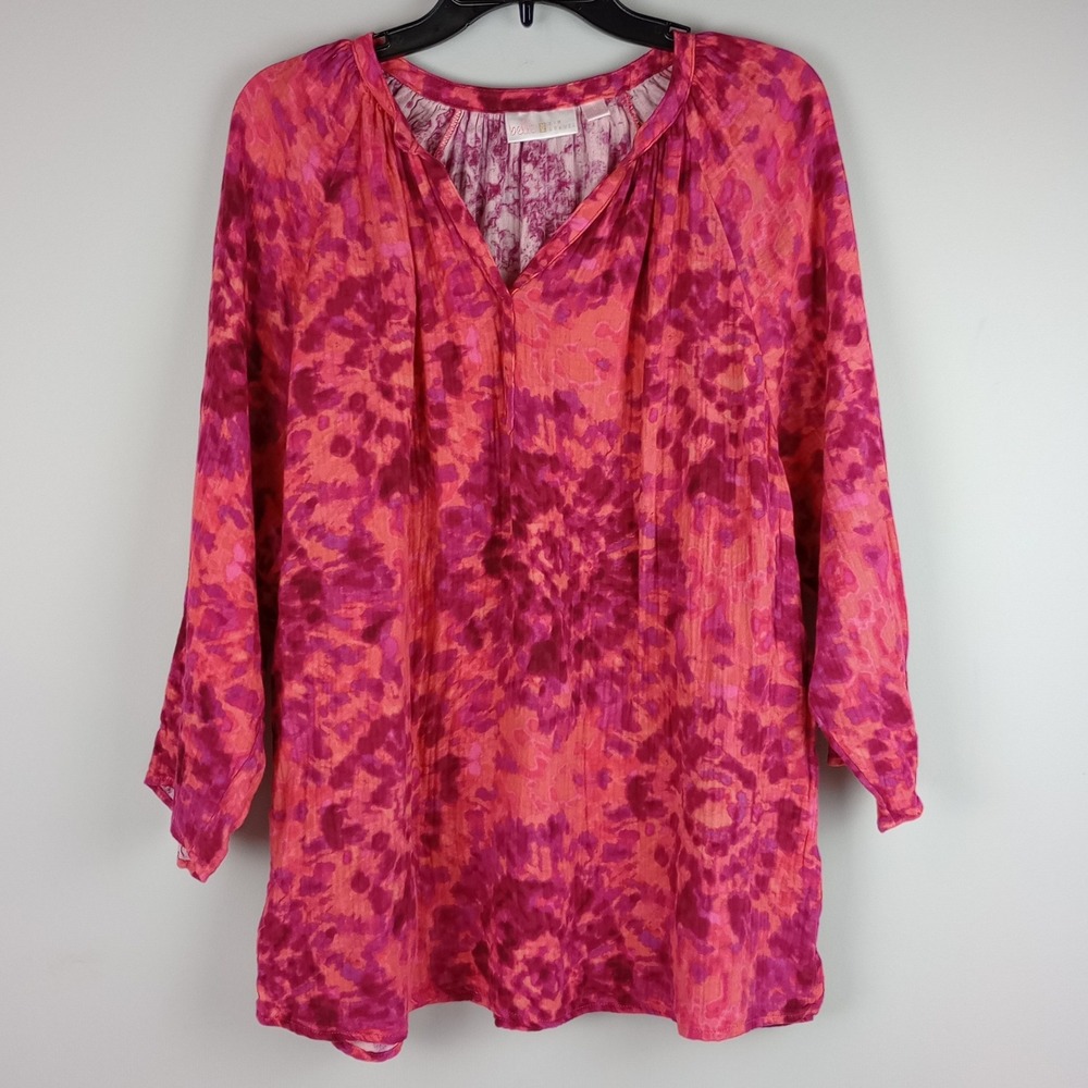 Belle by Kim Gravel Women L Pink Tie Dye Cotton Gauze Boho V-Neck Tunic Top
